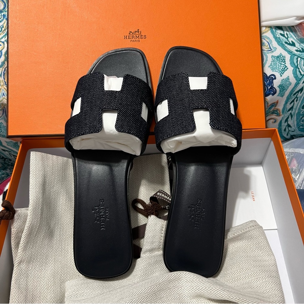 Hermes Oran Sandals Denim Bleu Brut 37.5